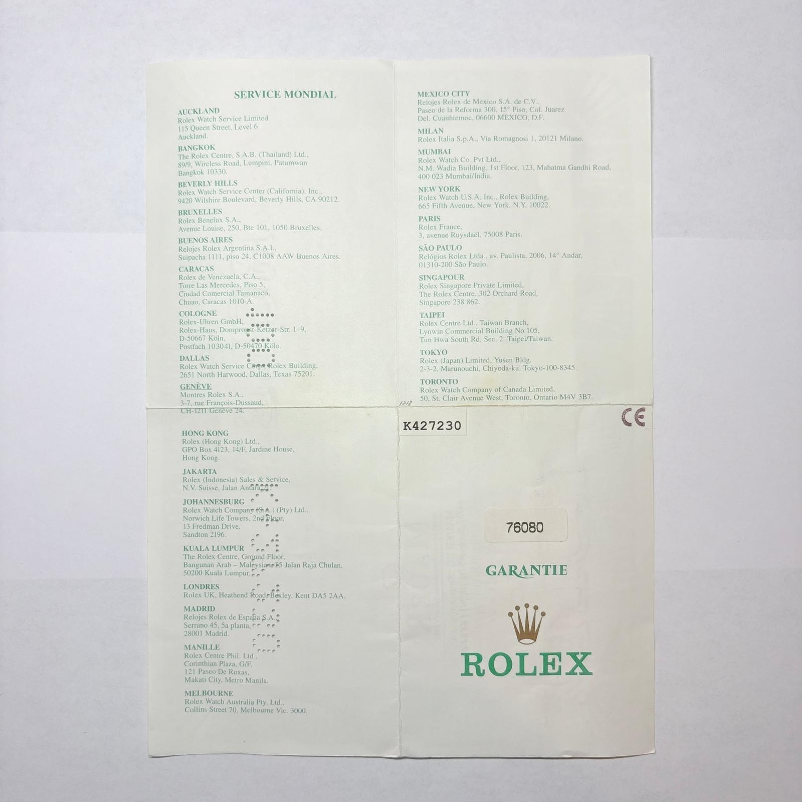 Rolex 76080 Oyster Perpetual Warranty Certificate Guarantee 2000s K Serial Cert