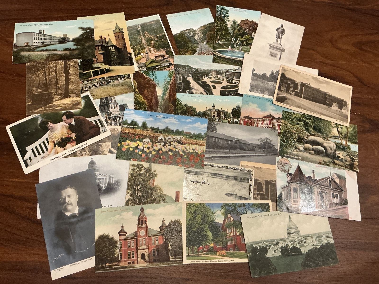 Antique Hand Tinted Postcard Lot, 1900s, American Towns and Parks