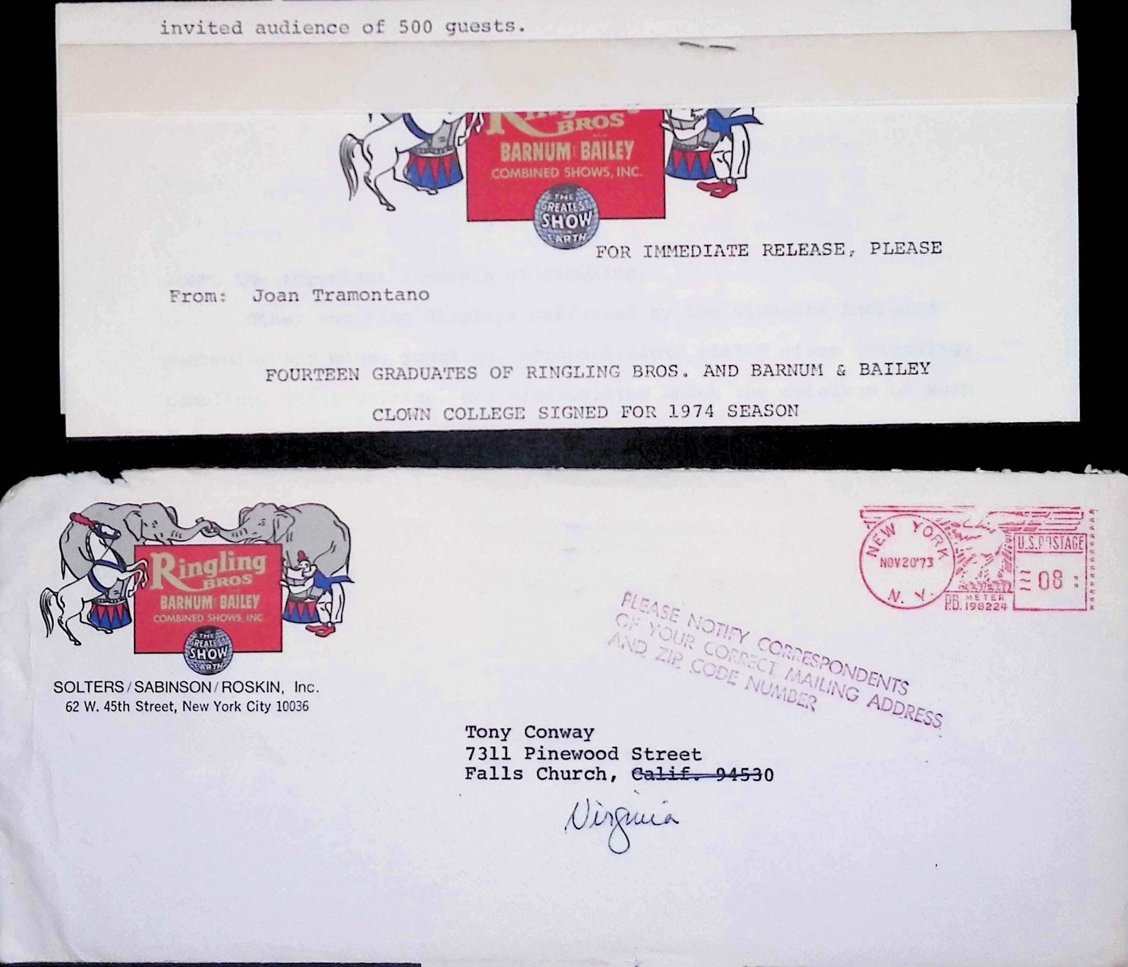 Ringling Bros Clown College 1974 Press Release w/ Envelope NY Venice FL