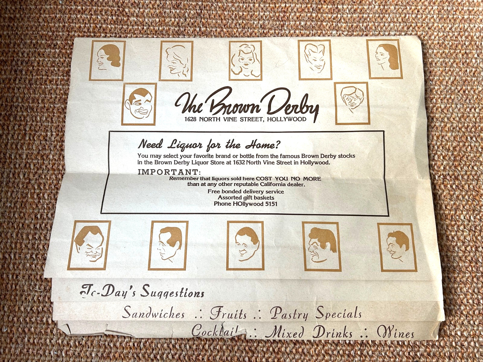 Vintage 1941 Original Menu THE BROWN DERBY 1628 N Vine St. Hollywood CA