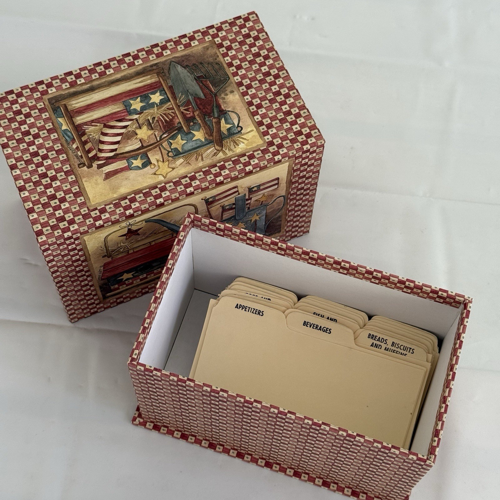 Vtg Diane Knott Art Recipe Box Dividers Patriotic Americana Folk Art Kitchen