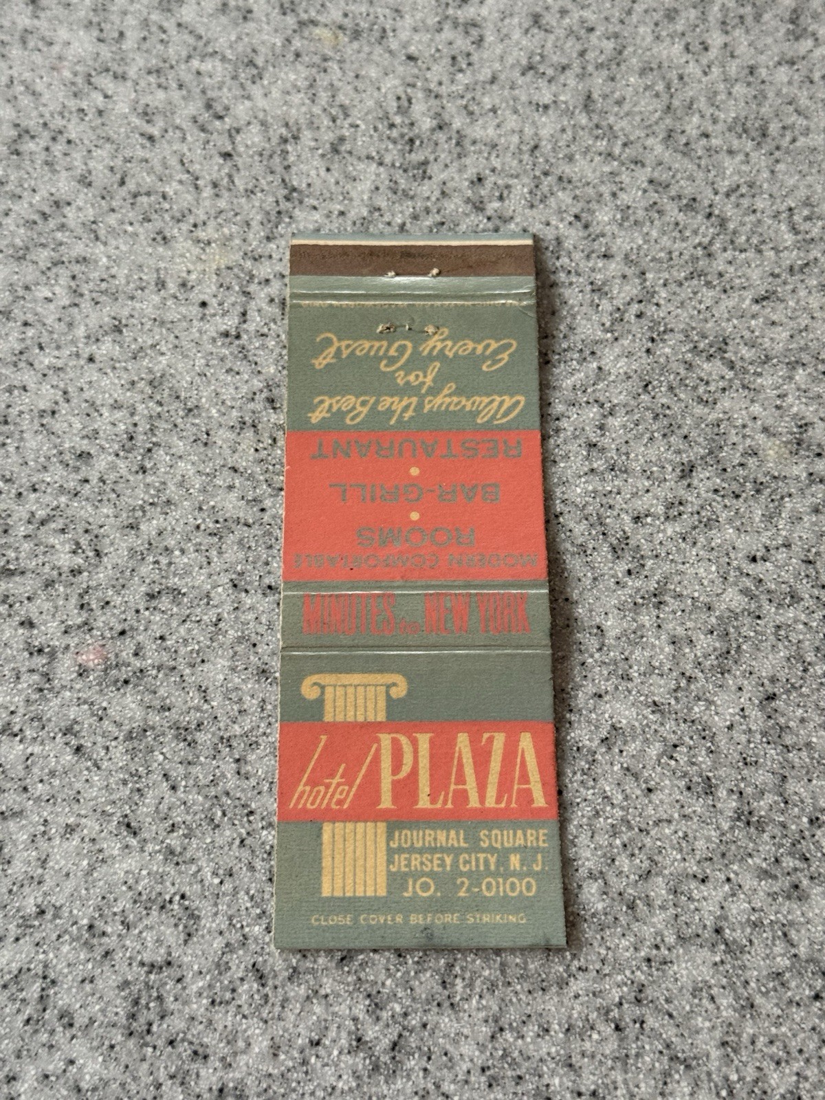 Hotel Plaza Jersey City New Jersey Vintage Matchbook Cover 334