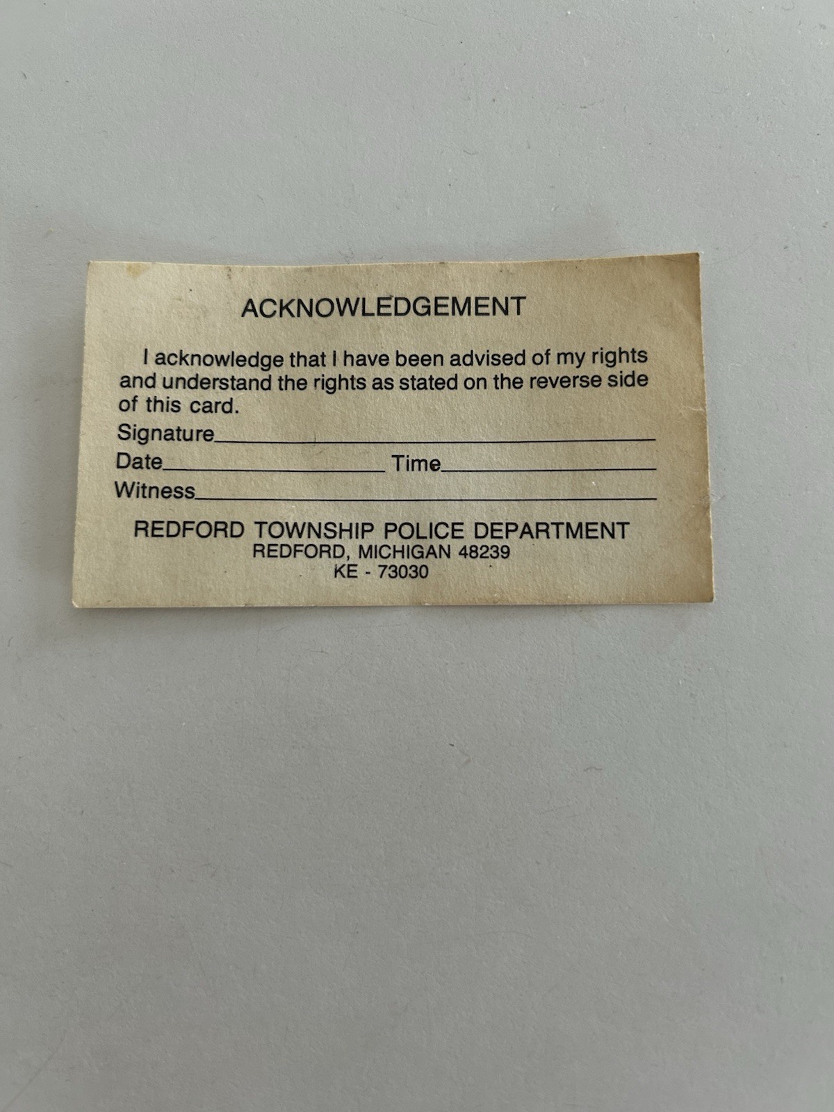 Vtg 1970’s Miranda Warning Acknowledgment Paper Business Card Police Memorabilia