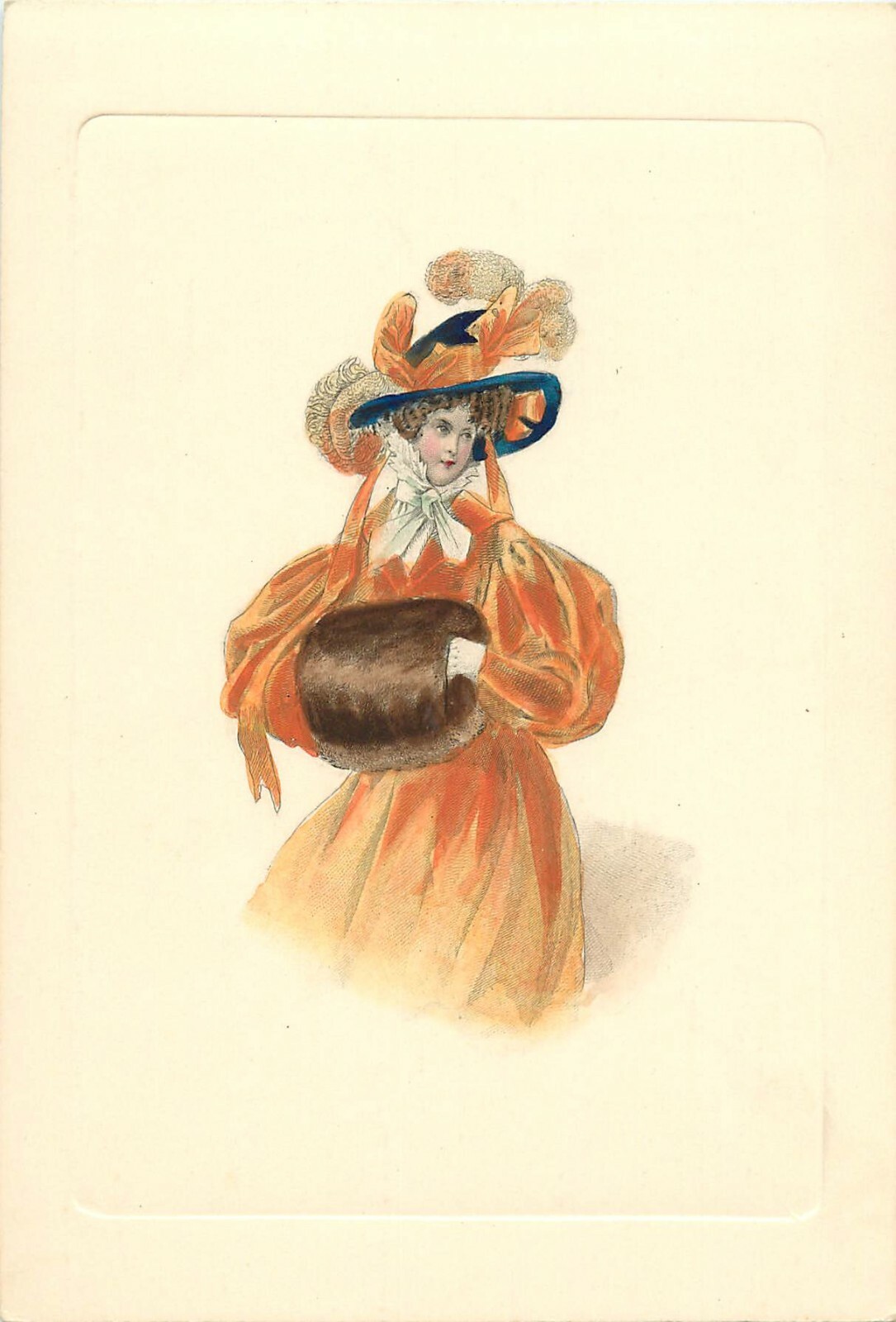 Vintage 19th Century Hand-Colored Fashion Engraving Card, Lady in Gold w Muff