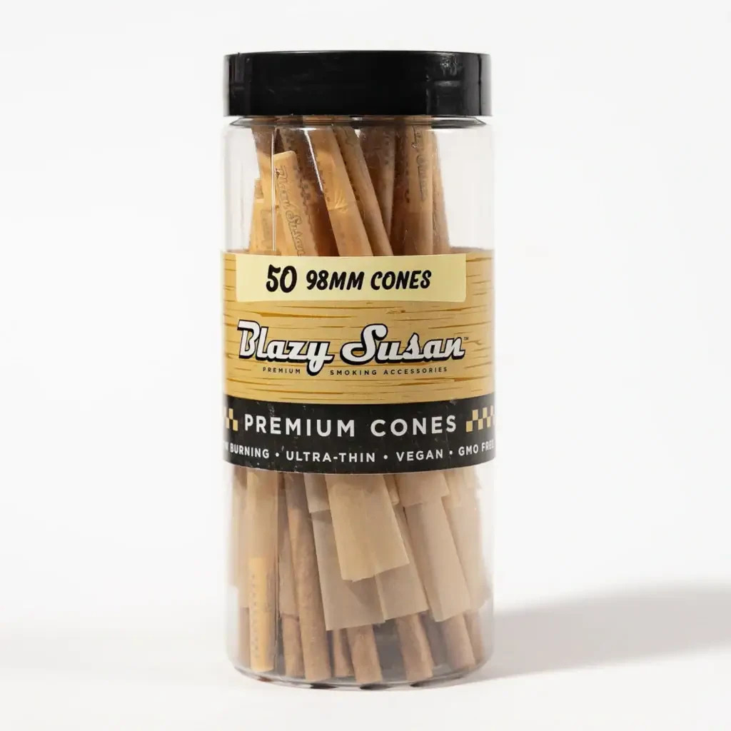 Blazy Susan Unbleached 98 mm Pre-Rolled Cones Ultra Thin 50 Cones per jar