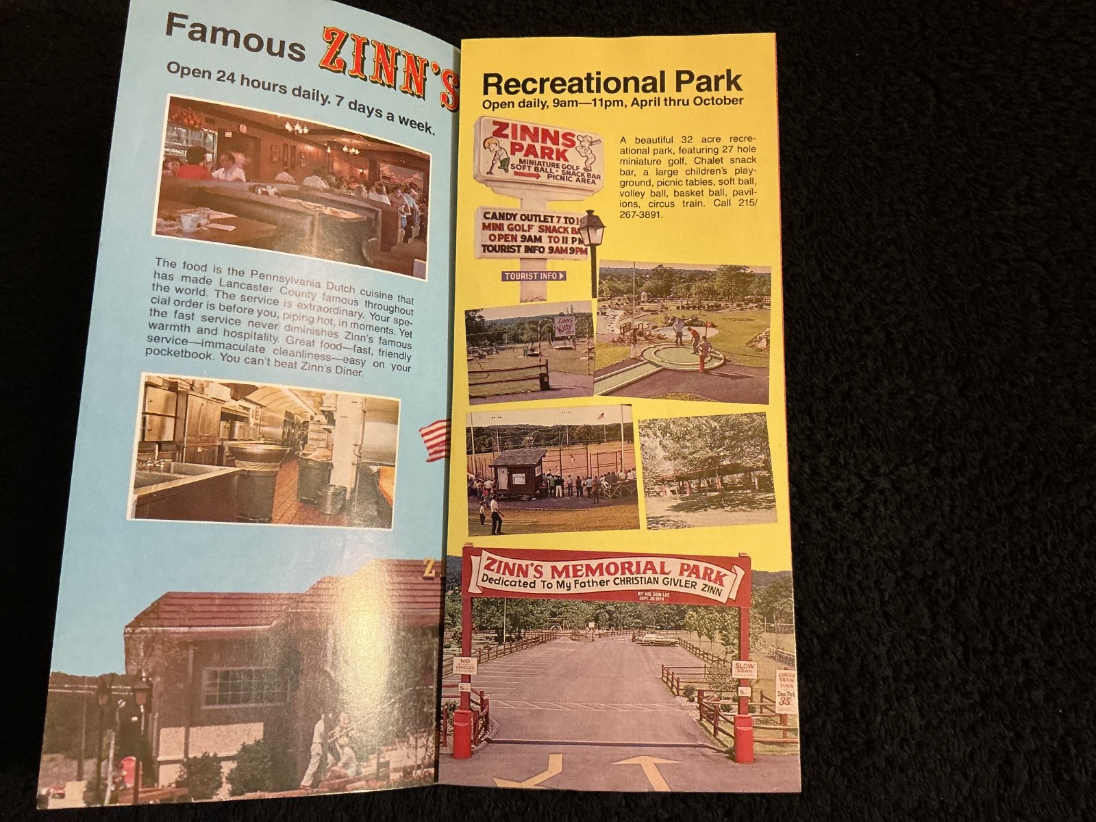 ZINN’S COUNTRY DINER BROCHURE (1980s) LANCASTER/DENVER, PENNSYLVANIA DUTCH Amos