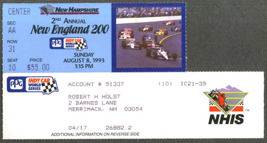 New England 200 PPG Indy Car World Series tcket stub August 8 1993
