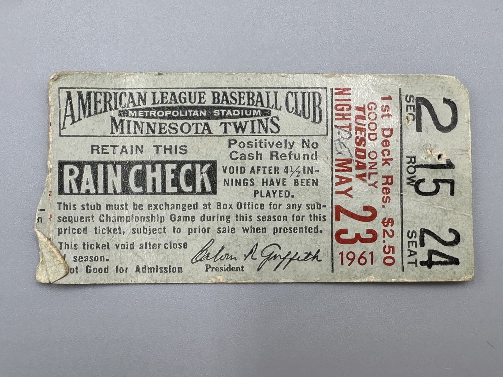 Vintage MINNESOTA TWINS May 23, 1961 DETROIT TIGERS Baseball Game Ticket Stub