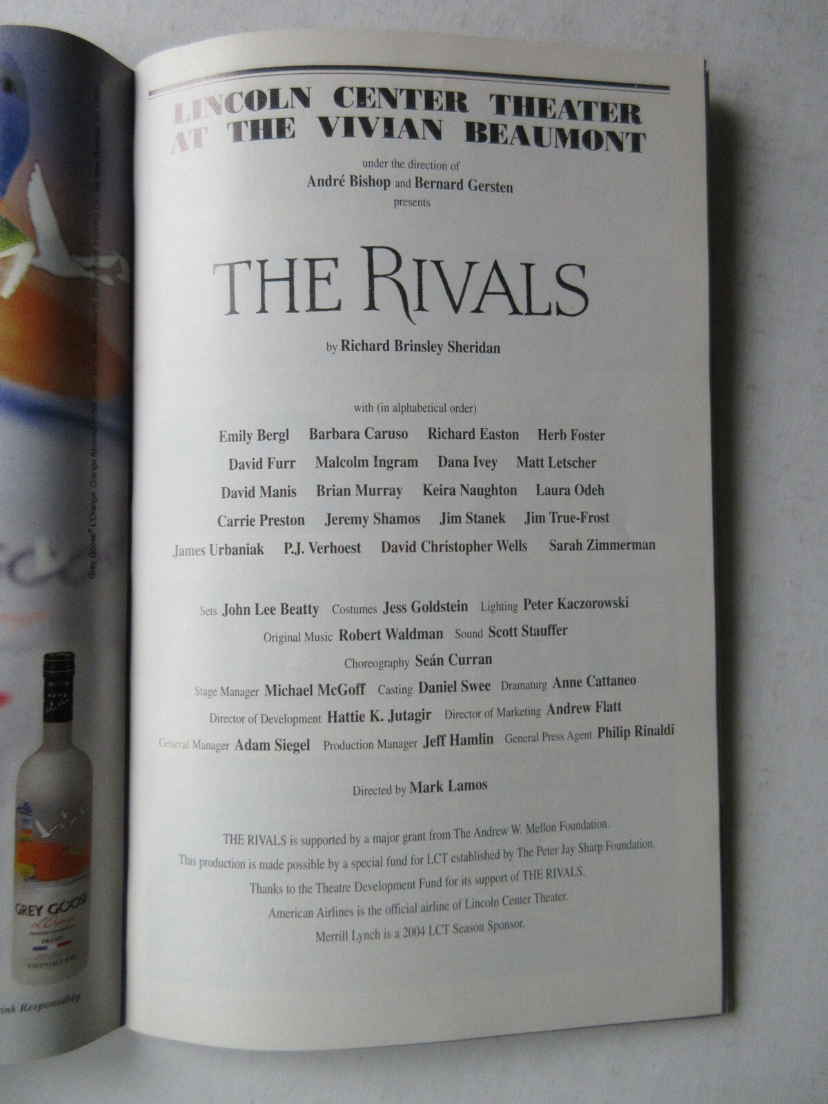 PLAYBILL – THE RIVALS December 2004 New York LINCOLN CENTER THEATRE broadway