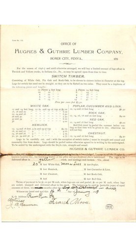 Hughes & Guthrie Lumber Contract 1897 PA Timber Oak Hemlock Indiana County