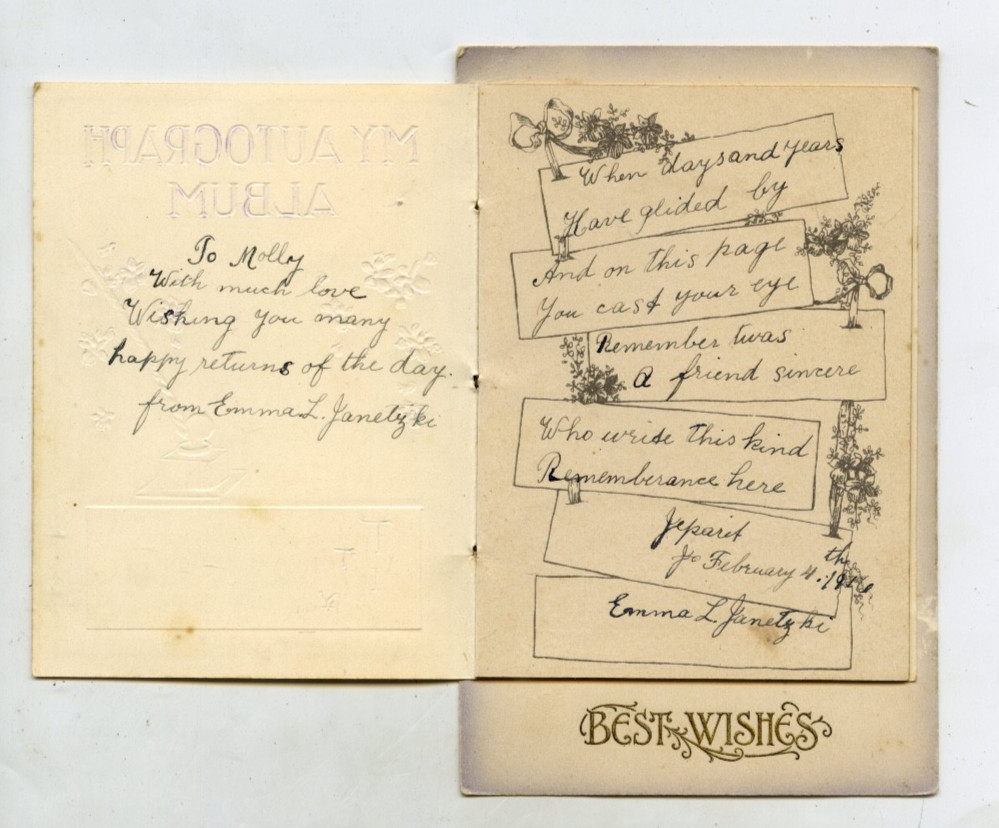 C1910 NOVELTY AUTOGRAPH ALBUM ON POSTCARD WITH INK ENTRIES JEPARIT VICTORIA P20
