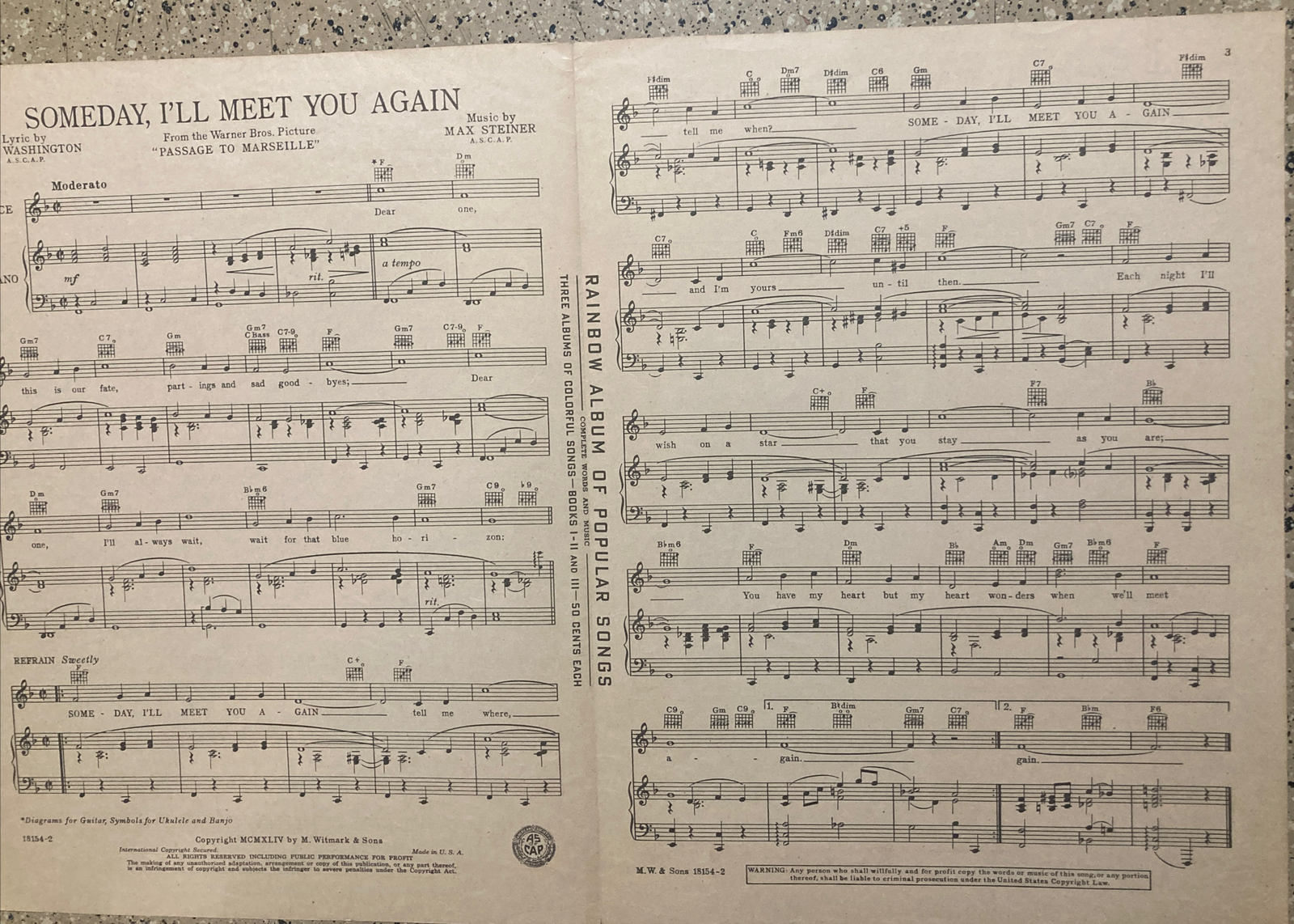 VTG SHEET MUSIC SOMEDAY I’LL MEET YOU AGAIN PASSAGE TO MARSEILLE HUMPHREY BOGART