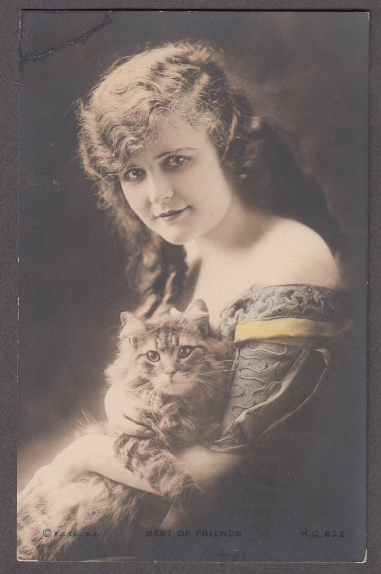Wavy-haired pretty girl & her cat “Best of Friends” photo c 1920s