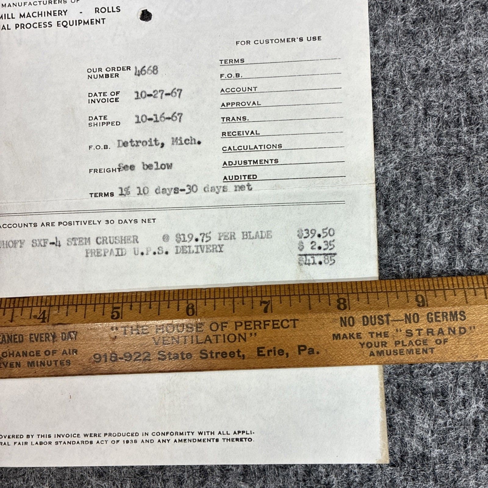 1967 Lauhoff Corp Invoice SXF-4 Stem Crusher Blades to M Marsh Cigar Co WV