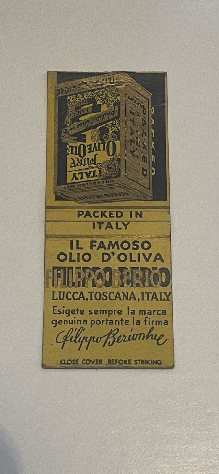 Filippo Berio Olive Oil Lucca Toscana Italy Vintage Match Cover 90B