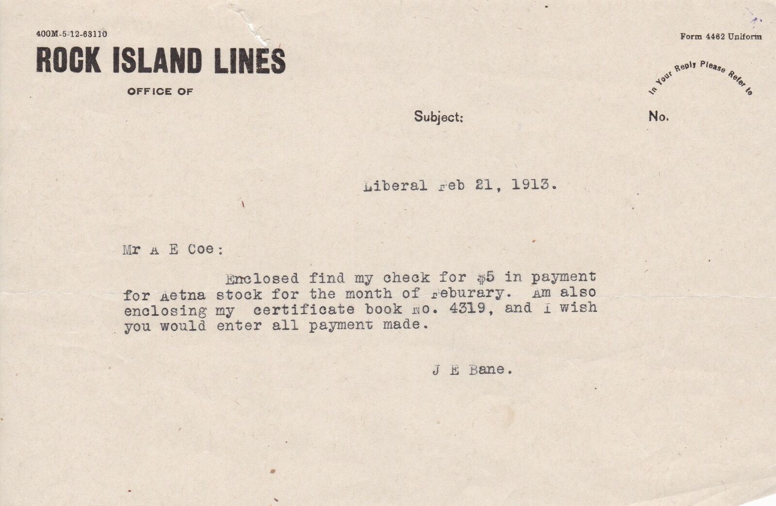 U.S. ROCK ISLAND LINES, Liberal,Kans. 1913 Stock Payment +Book Letter-Tear 44387
