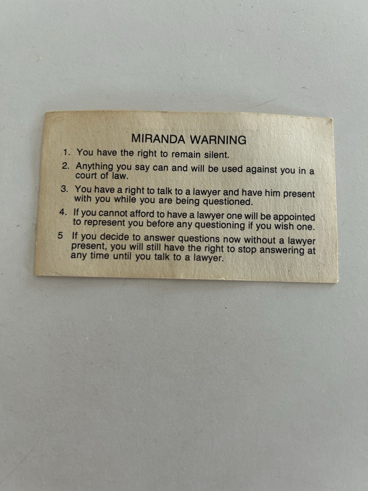 Vtg 1970’s Miranda Warning Acknowledgment Paper Business Card Police Memorabilia