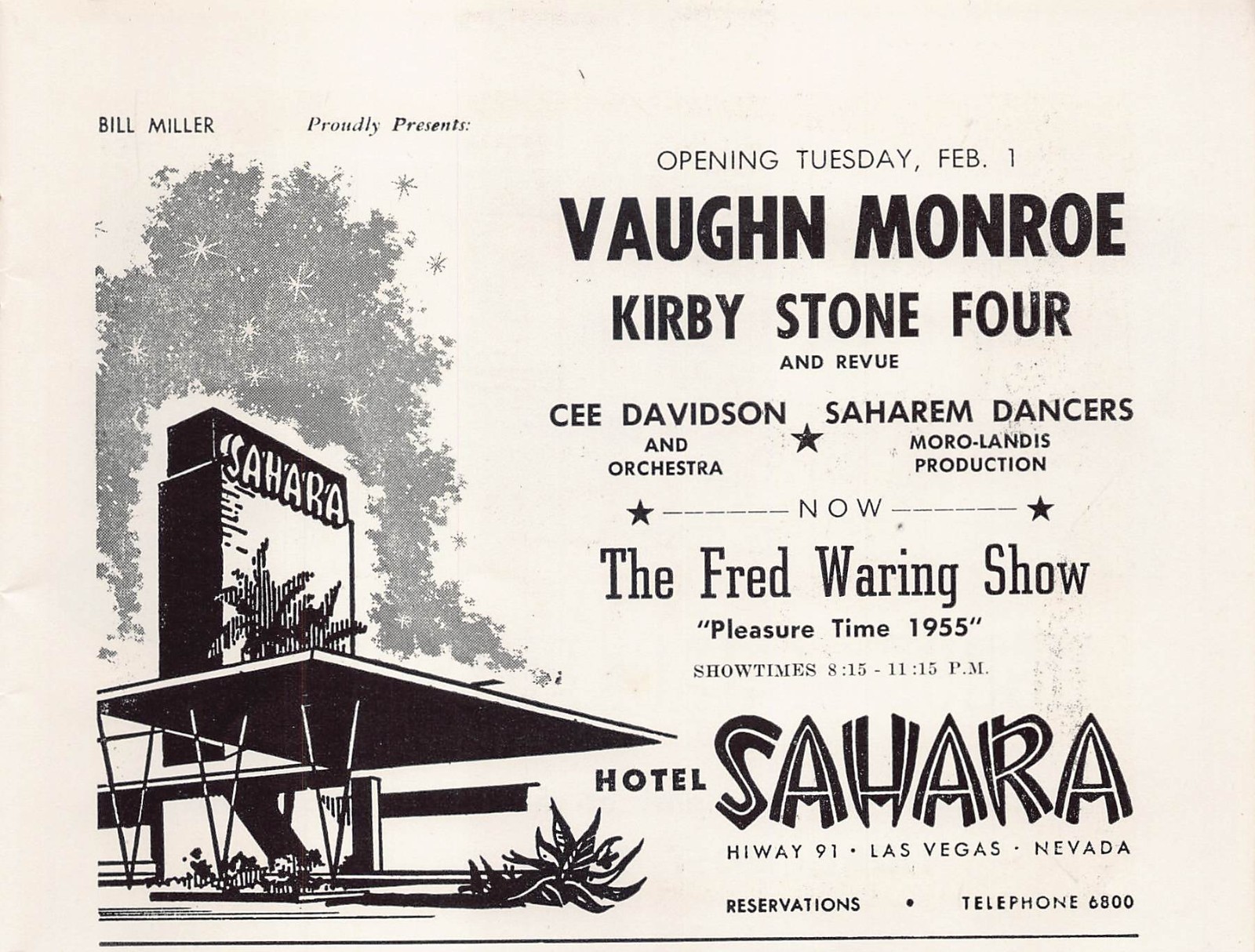1955 Vaughn Monroe Kirby Stone Four 1950s Advertisement Las Vegas Sahara Hotel