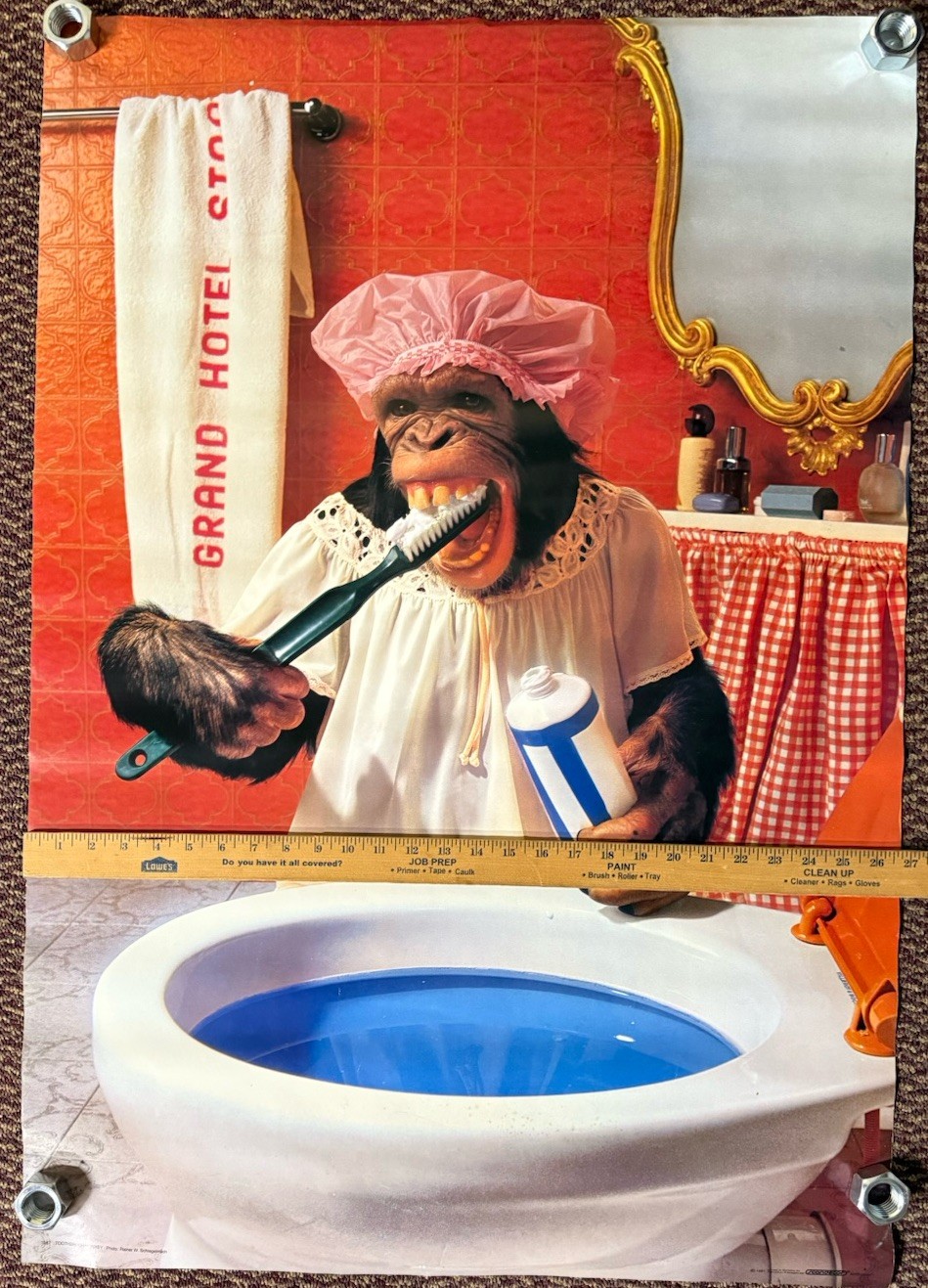 Vintage Toothbrush Chimpanzee Monkey Poster 1981 Scandecor 80s Grand Hotel 38×26