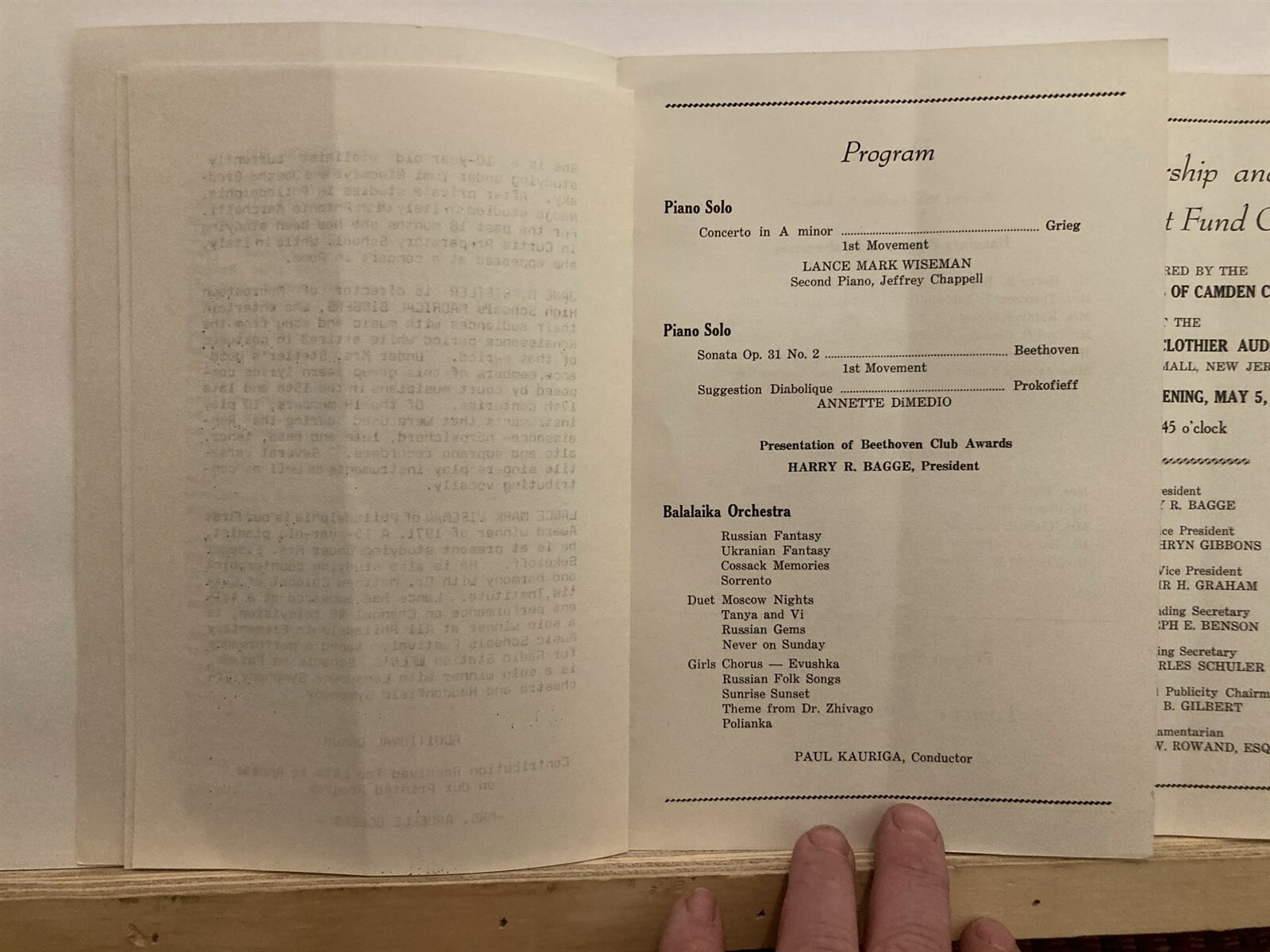 1971 Beethoven Club of Camden Cherry Hill Mall Concert Program New Jersey NJ Vtg