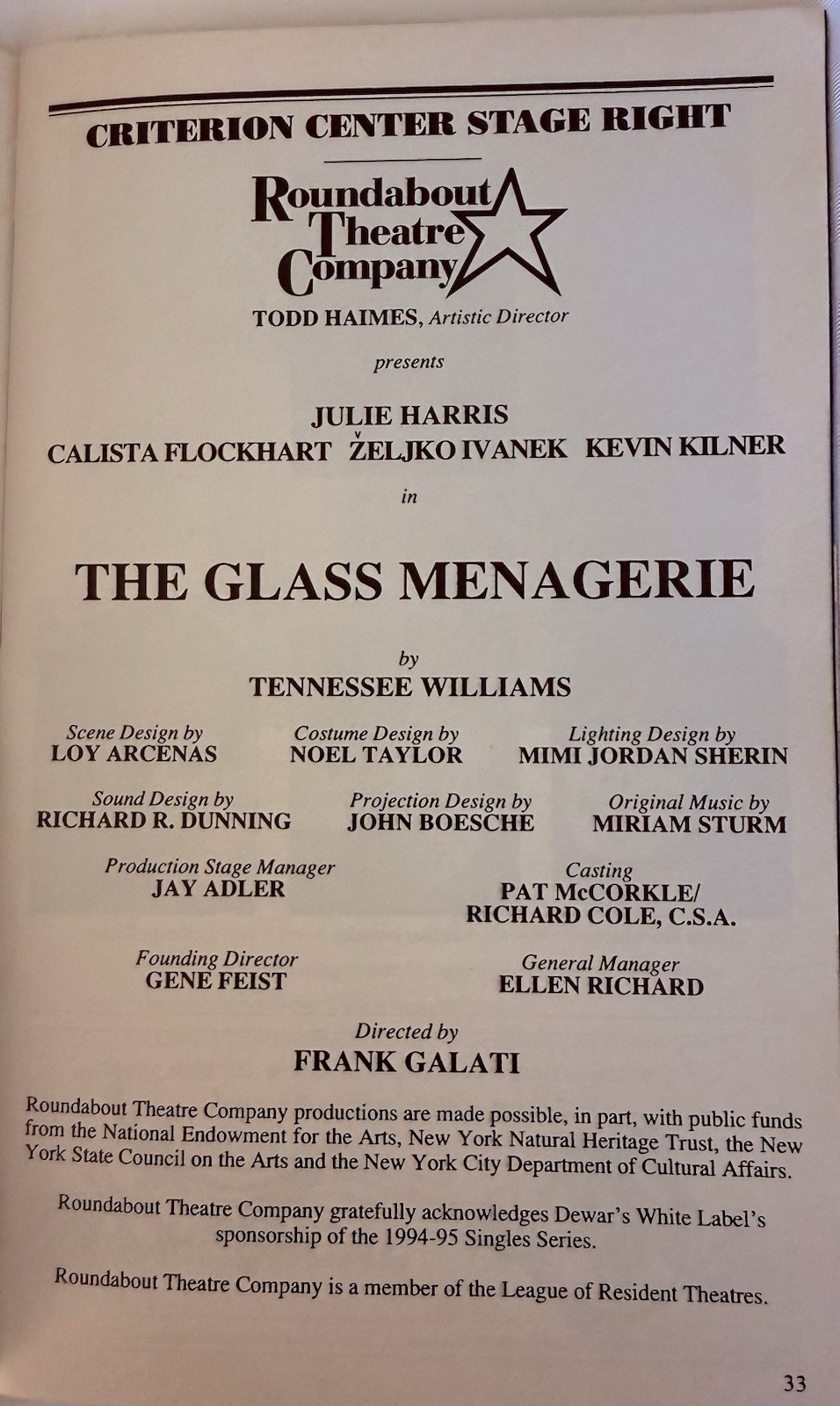 Glass Menagerie – Broadway Playbill – Dec 1994 – Julie Harris Calista Flockhart