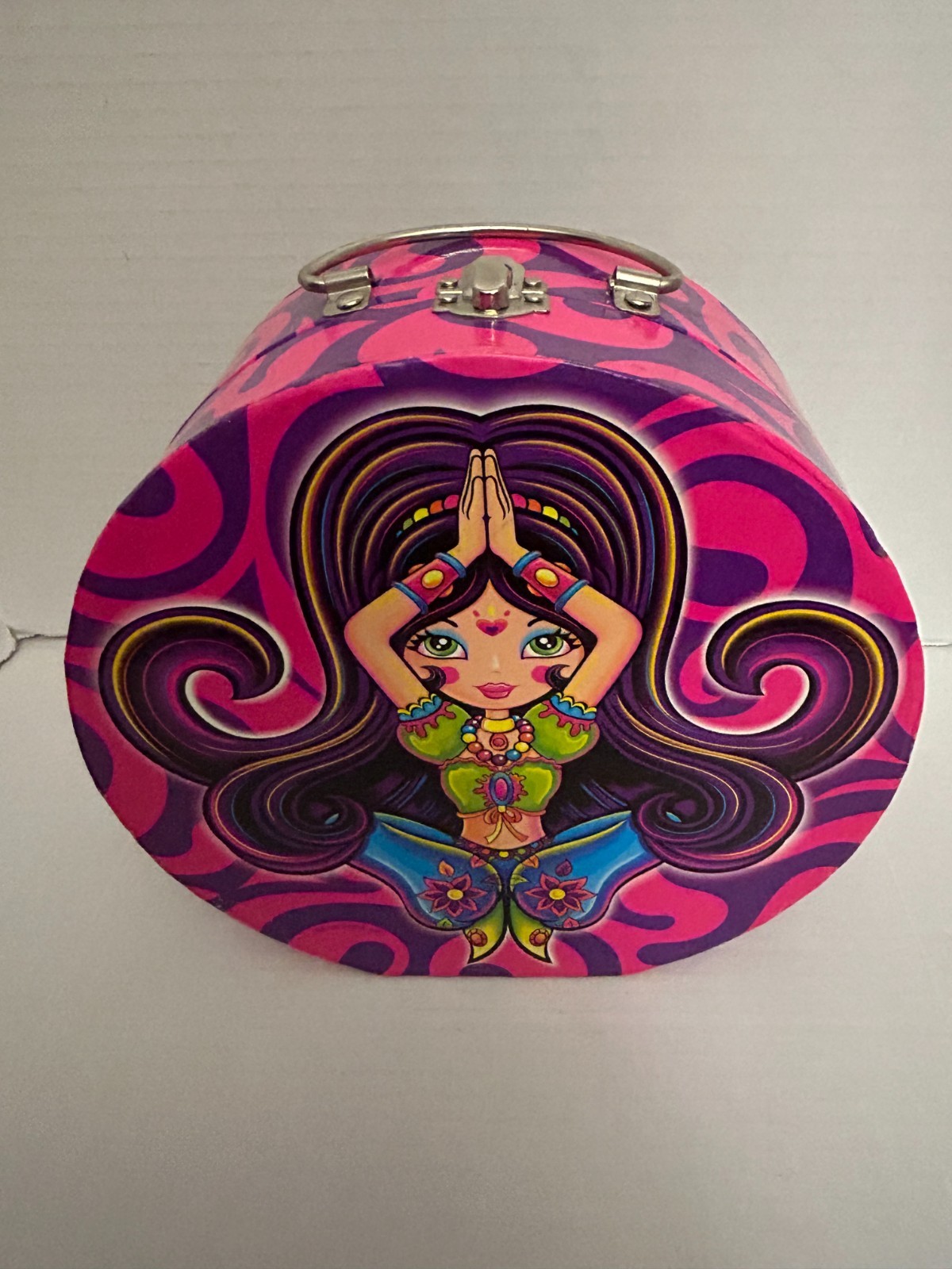 VTG Lisa Frank Hippie Genie Girl Train Case Round Storage Box 8″ Metal Handle