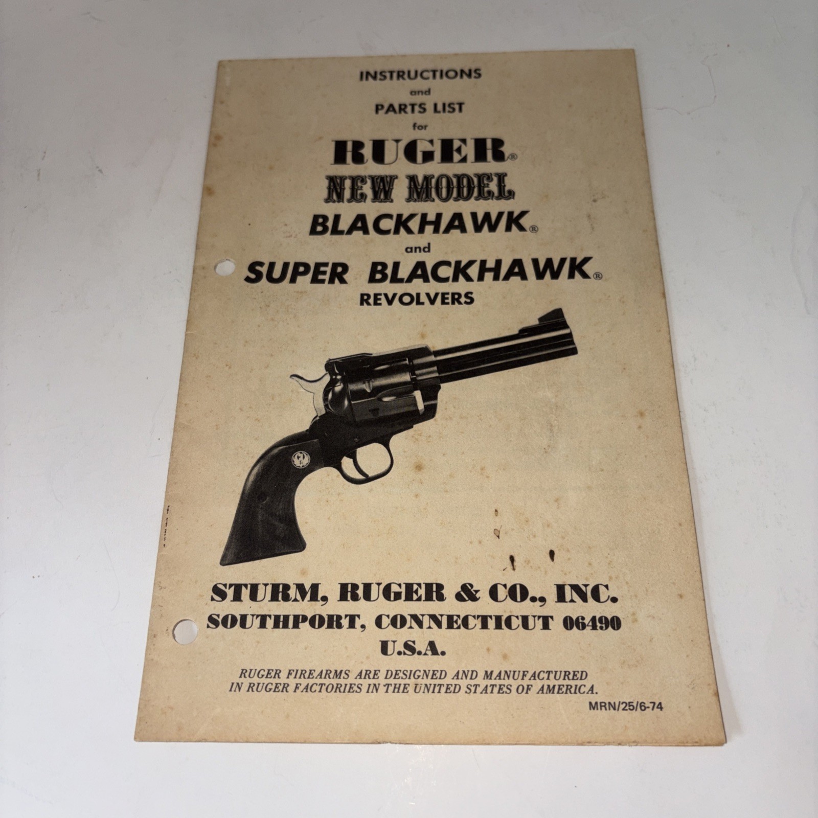 1974 Ruger New Model Blackhawk & Super BH Instructions & Parts list