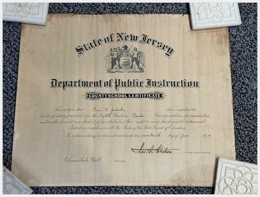 1912 8th Grade Graduation Certificate Grace Ferster Camden NJ New Jersey School