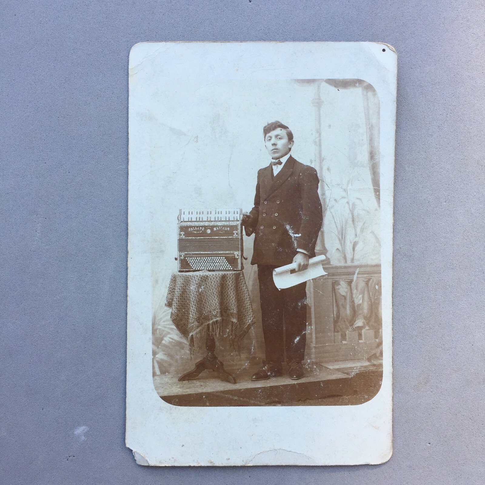 Real Photo Postcard RPPC Italian Man Accordion Callape Mariano Antique 5 1/2″