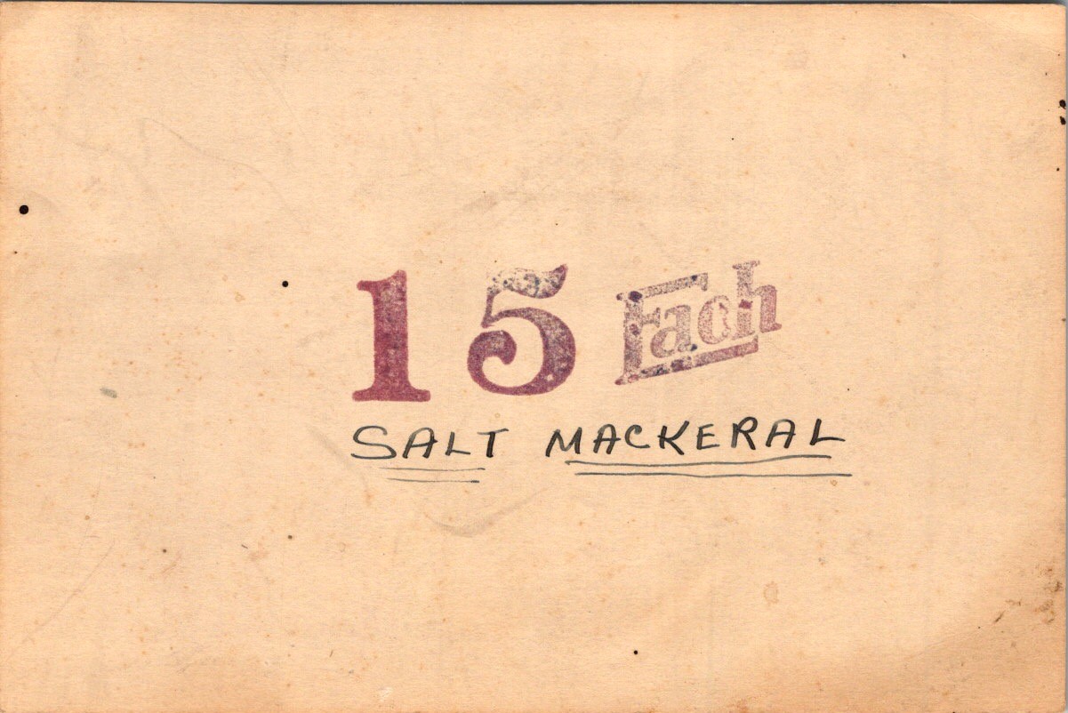 Early 1900s SALT MACKEREL Price Tag 15 Cents Each Grocery Label