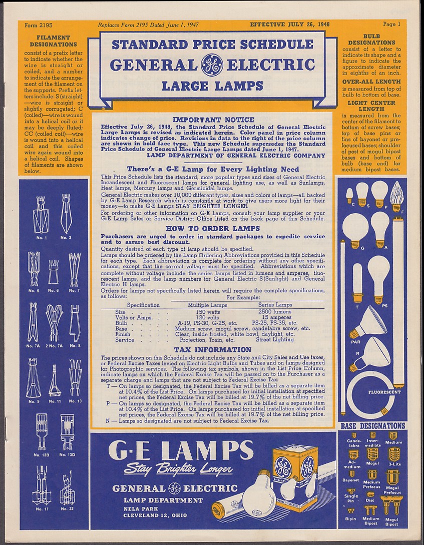 General Electric Large Lamps Standard Price Schedule 1948