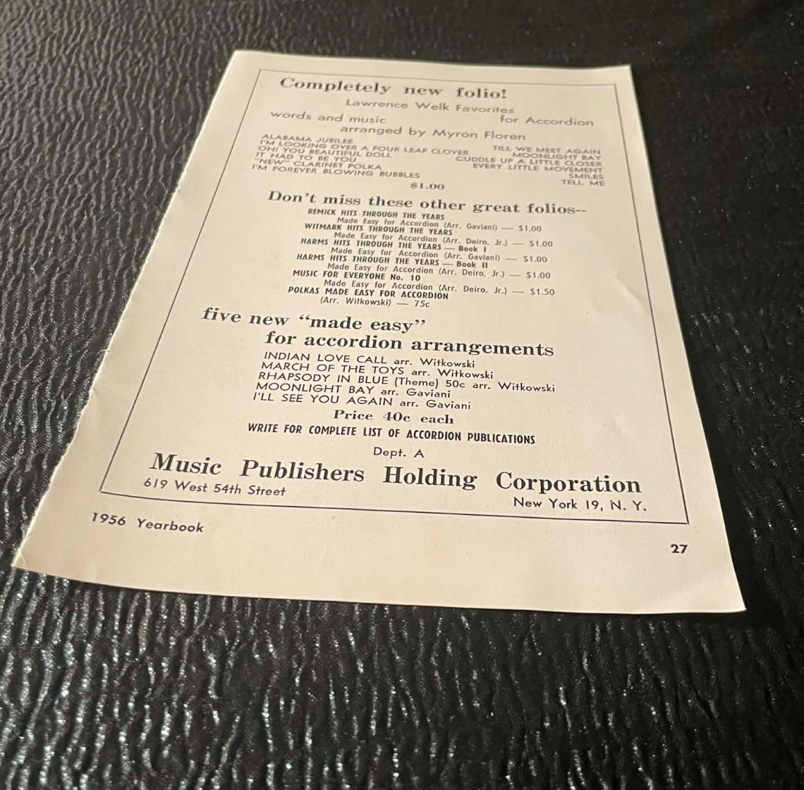 Music Publishers Holding Myron Floren Gaviani Ads 1956 Accordion World Magazine