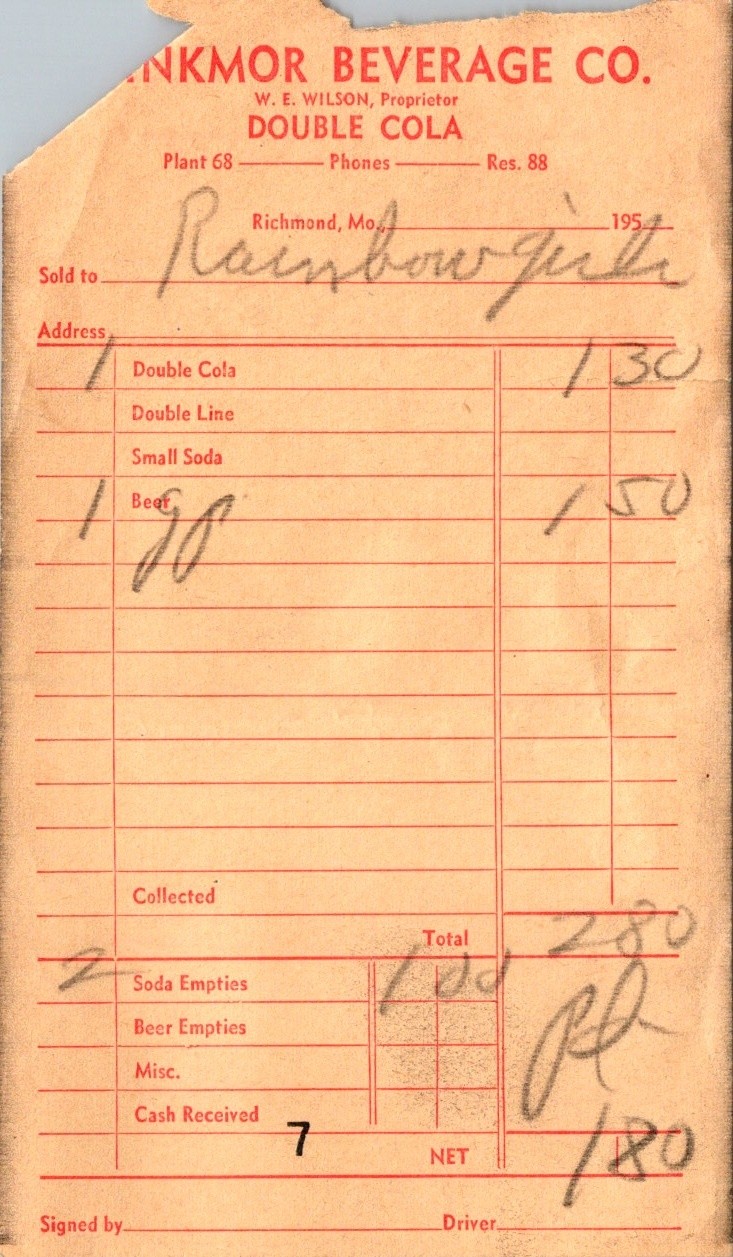 1950s Drinkmor Beverage Co Richmond MO 4 Receipts Rainbow Cafe Ritz Cafe