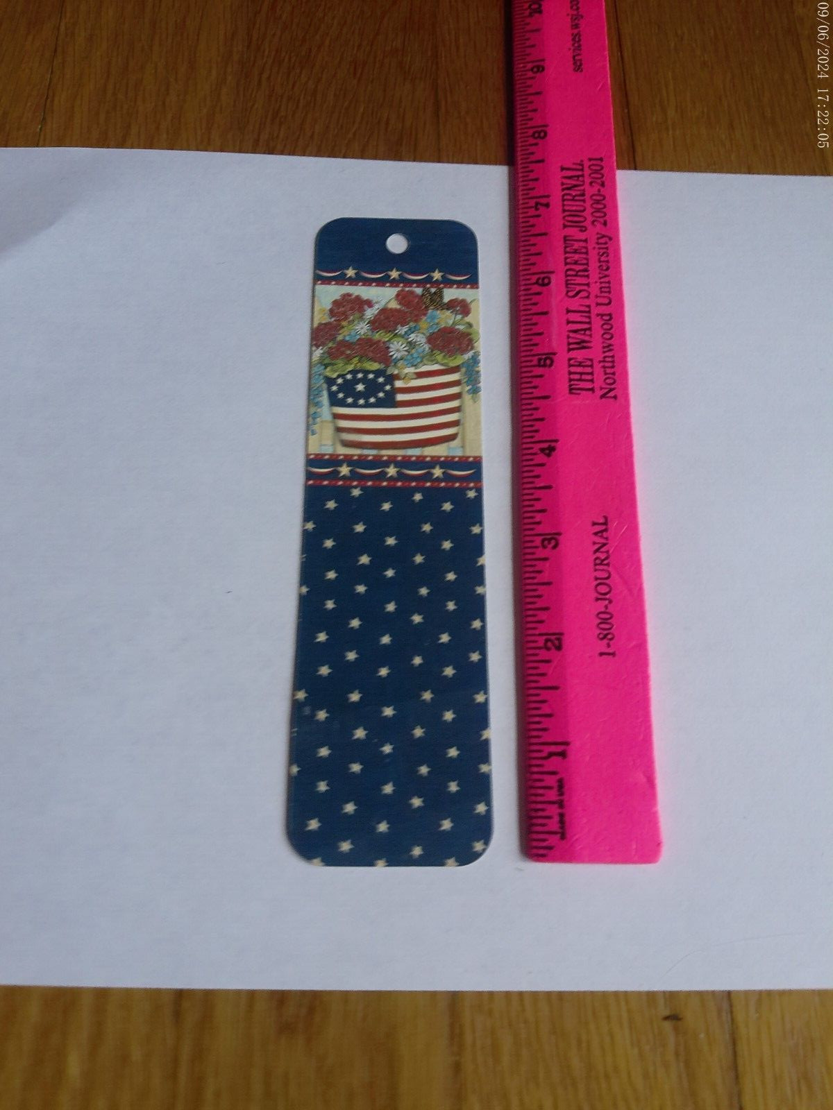 Patriotic Bookmark Deb Strain Flowers Flag Red White Blue Paper Collectible