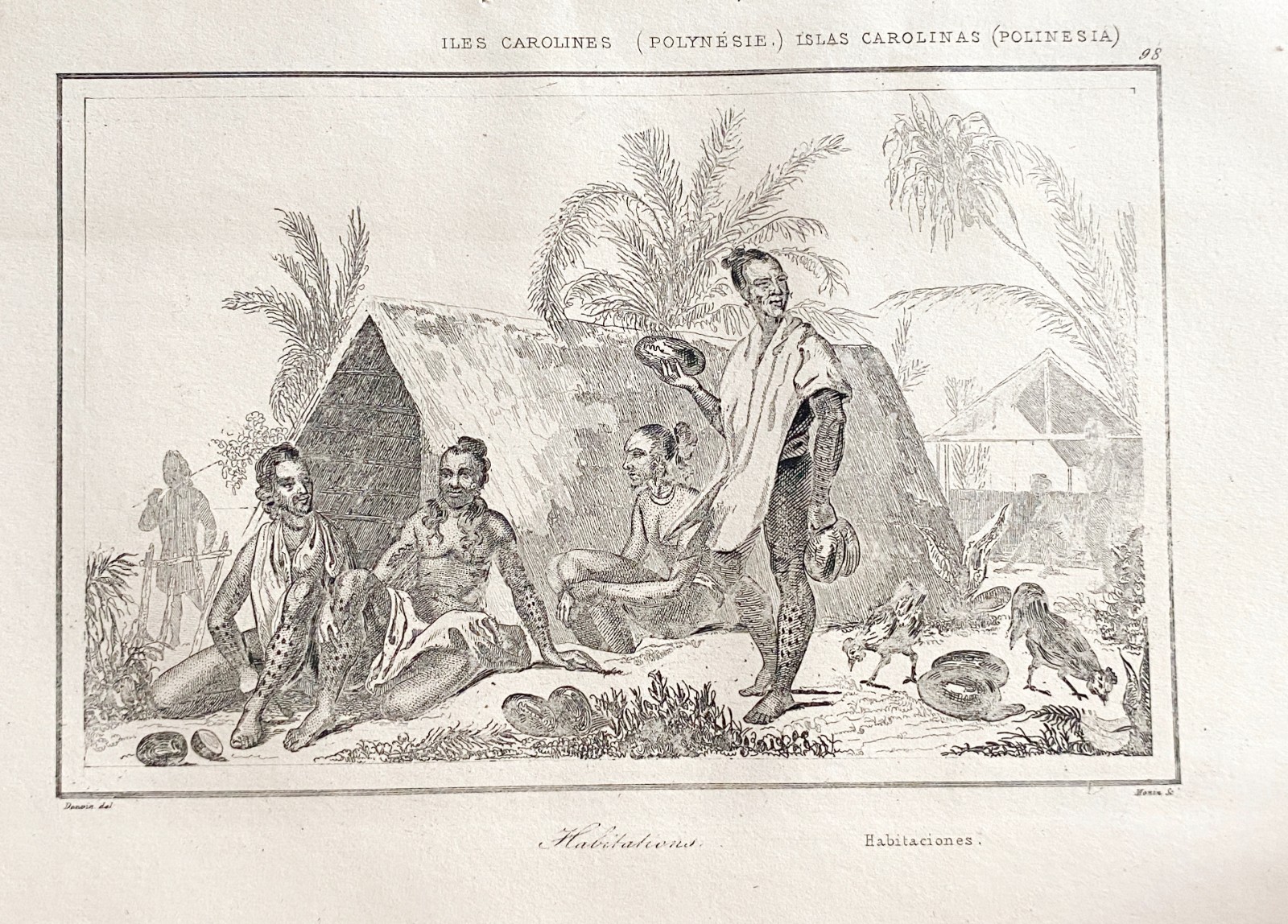 Engraving Polynesia “Caroline Islands Habitations”