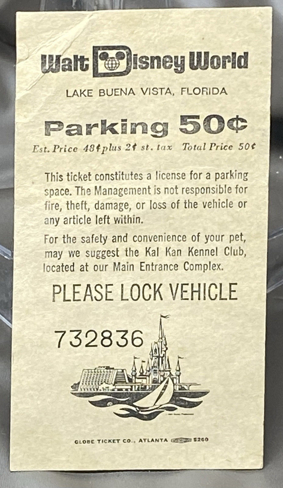 Walt Disney World Parking Ticket Magic Kingdom Map Globe Ticket Co June 22, 1976