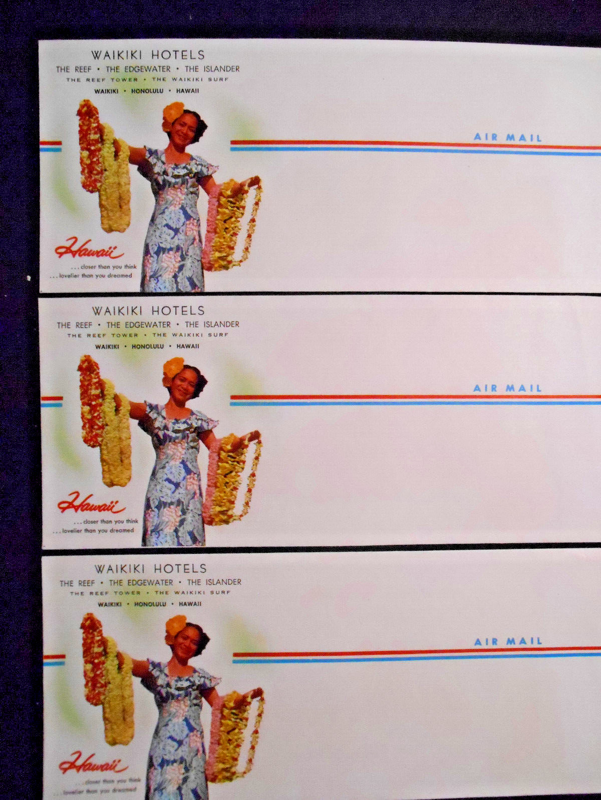 Lot of 1950’s Waikiki Hotels Air Mail Envelope The Reef Hotel