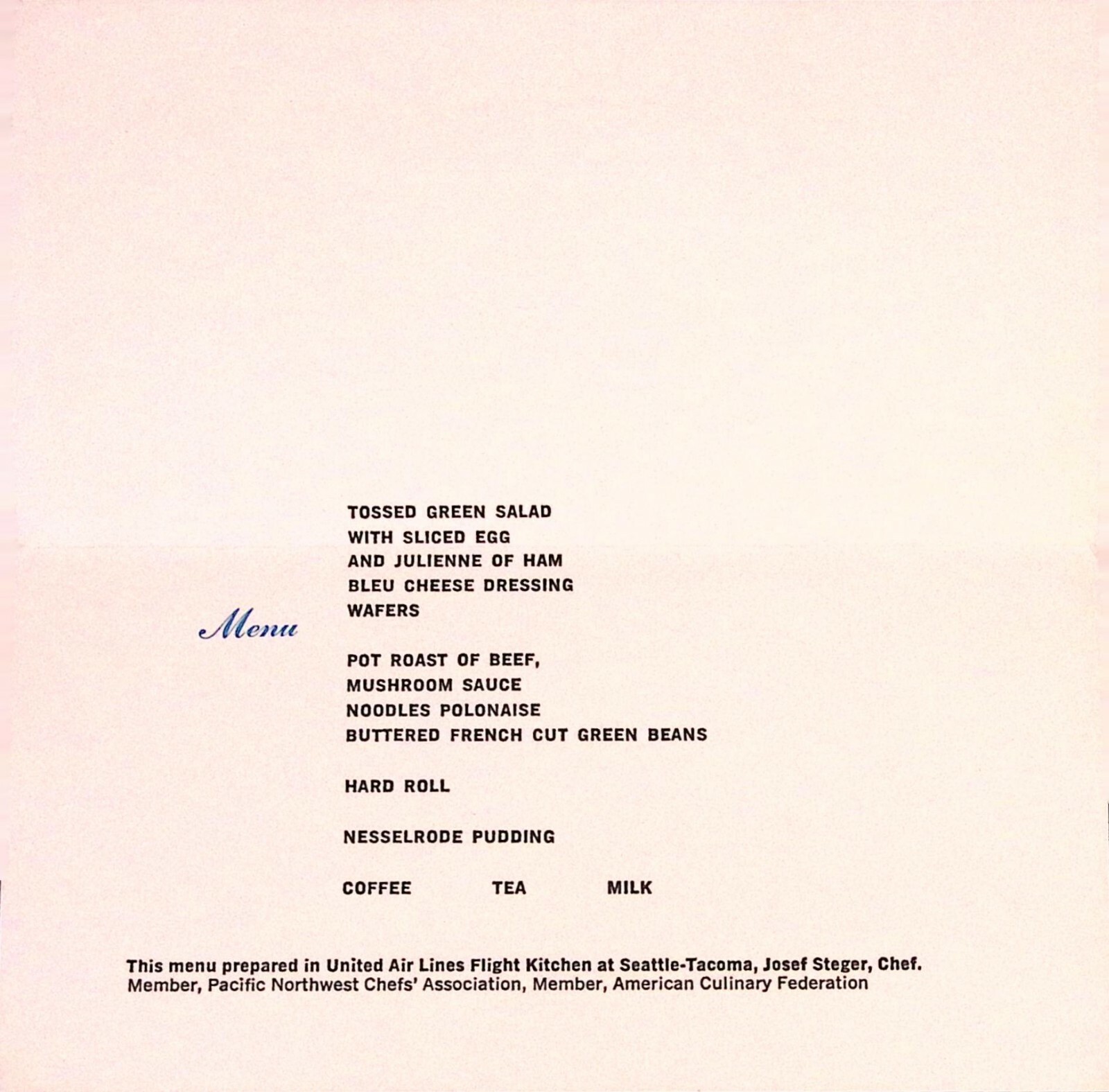 United Air Lines Dinner Menu Vintage Flight Kitchen Seattle-Tacoma Josef Steger