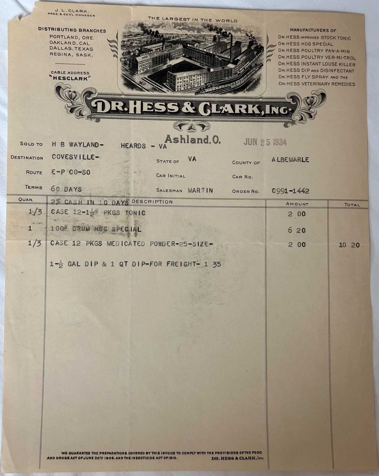 Dr. Hess & Clark, Inc., Ashland, OH 1934 Invoice to H B Wayland, Covesville, VA