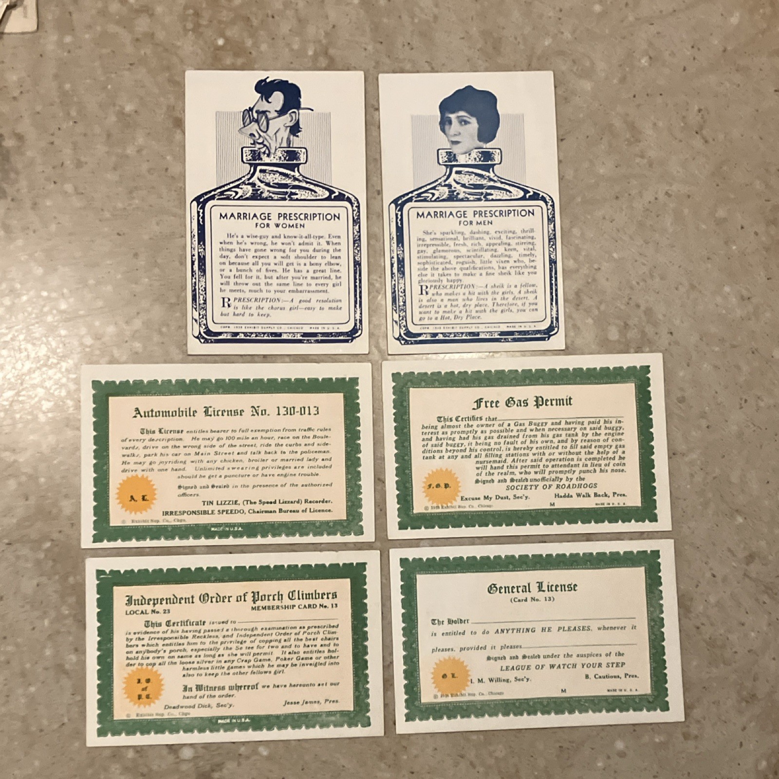 Vintage Exhibit Supply Co. Novelty Cards & Licenses Lot of 6 1928 & 1938