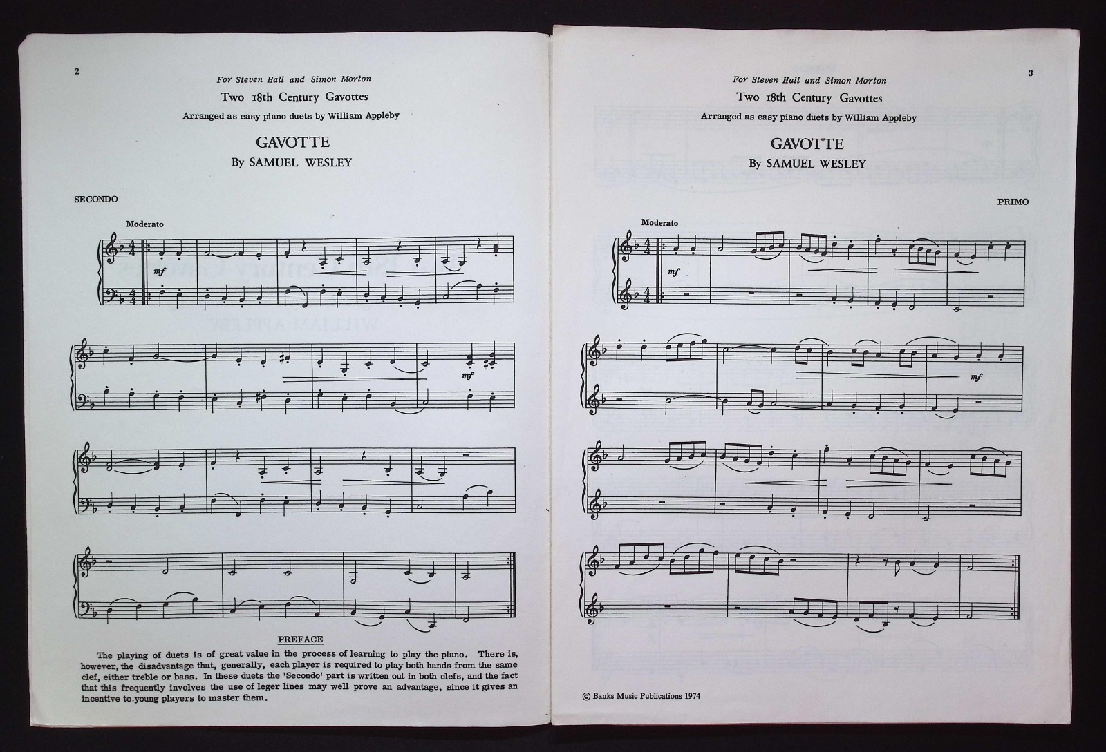 Two 18th Century Gavottes as Easy Piano Duets by William Appleby, 1974 Banks