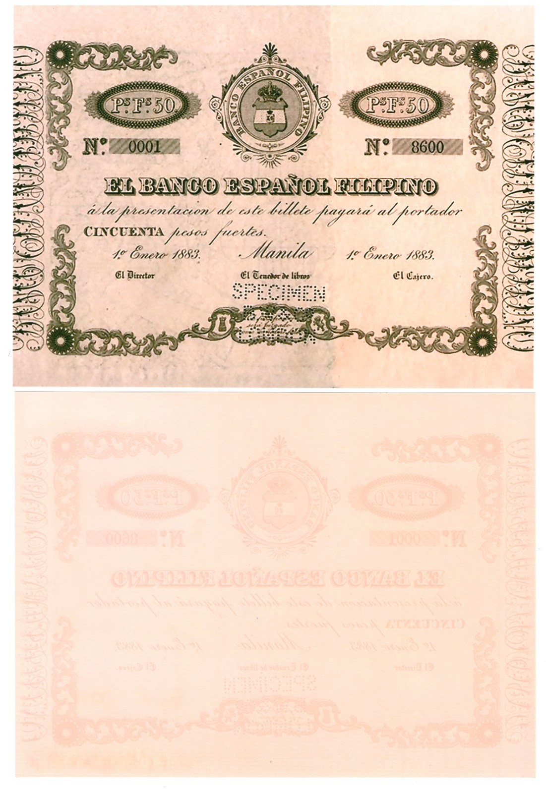 u Reproduction Note Philippines 50 Pesos 1883 SPECIMEN Pick #A6 3972R