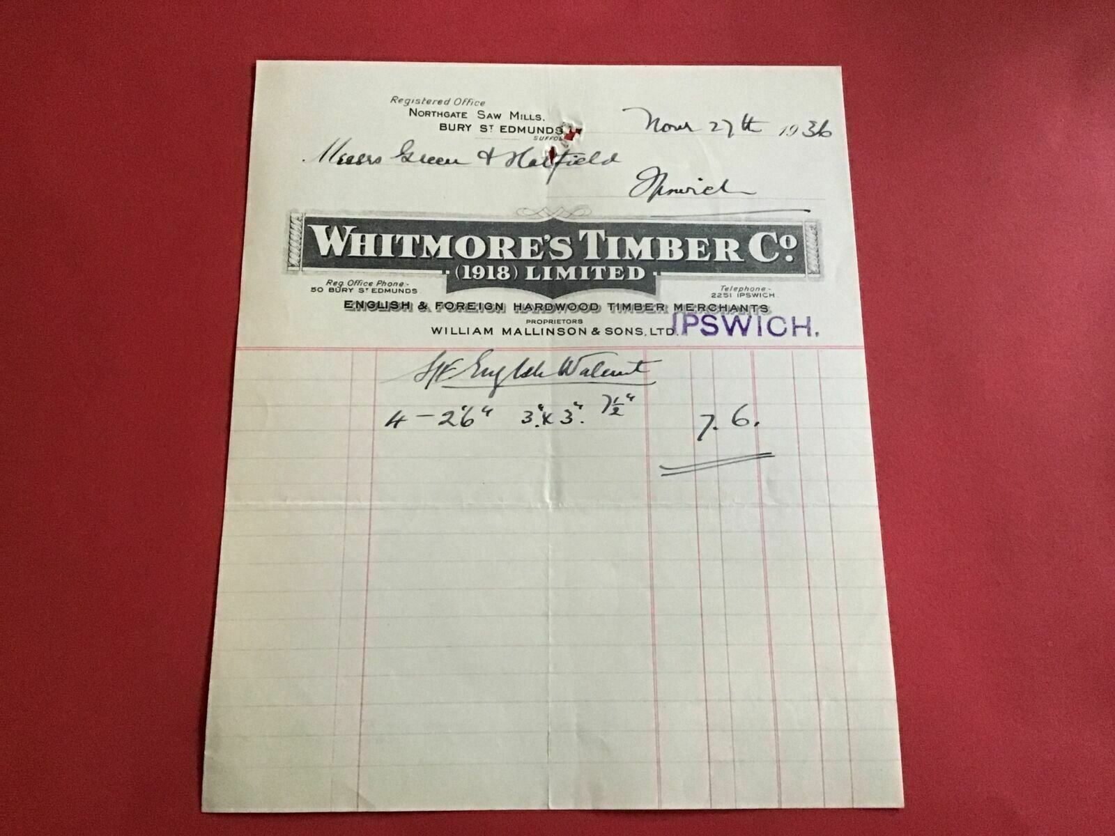 Whitmore’s Timber Co 1936 English & Foreign Hardwood Ipswich receipt R34464