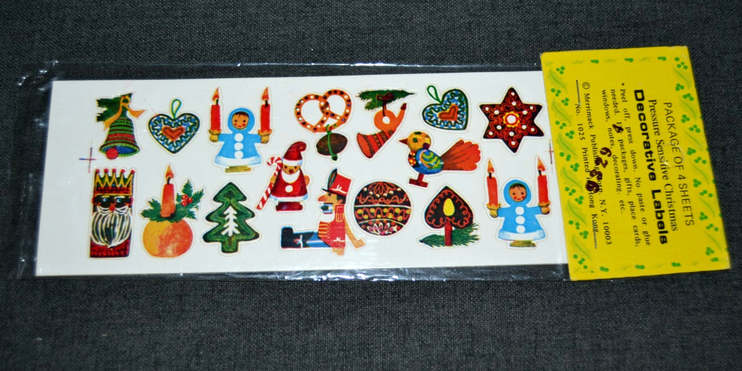 Stickers Merrimack Holiday FOLK ART HOLIDAY 4 Sheets NOS Vintage Seals Made HK