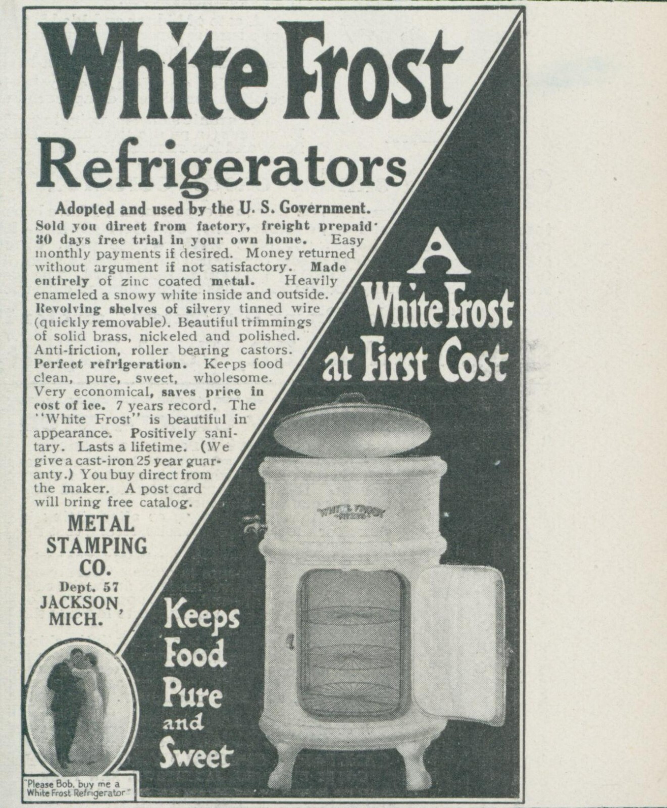 1914 White Frost Refrigerator Keep Food Pure Sweet Metal Stamping V Print Ad CO3