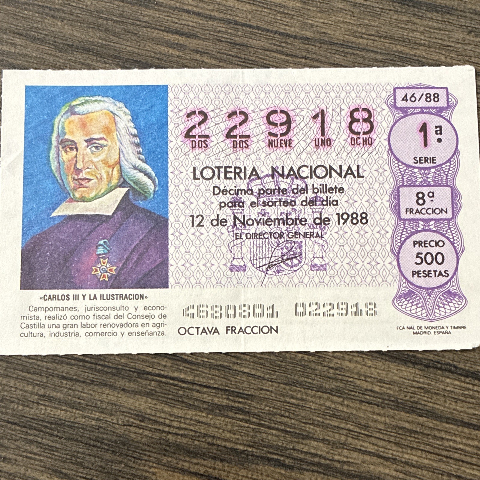 Spain Loteria Nacional Decimo Lottery Ticket 12 Nov 1988 8ª Fraccion 500 Pesetas