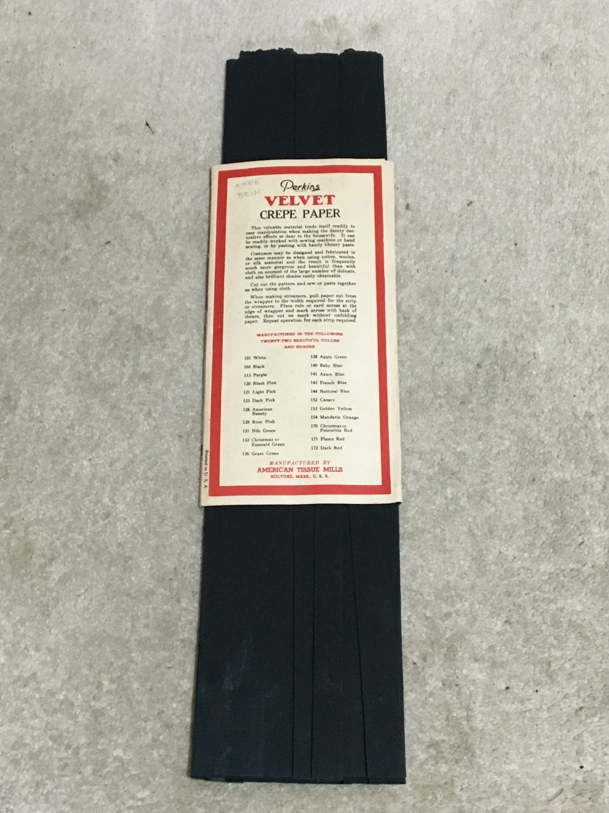 Vintage c1930’s VELVET brand Crepe Paper by PERKINS #103 Black 9 feet x 20″