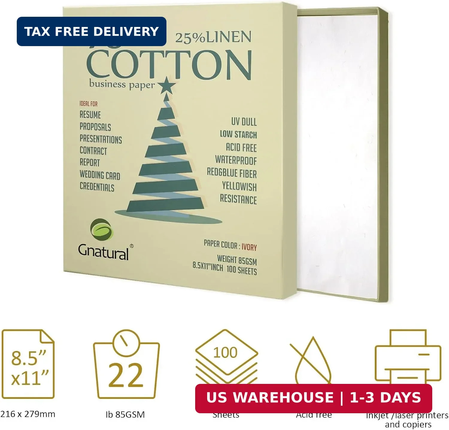 75% Cotton 25% Linen Business Paper, Ivory 85gsm 8.5″W x 11″L Resume Paper, Won’