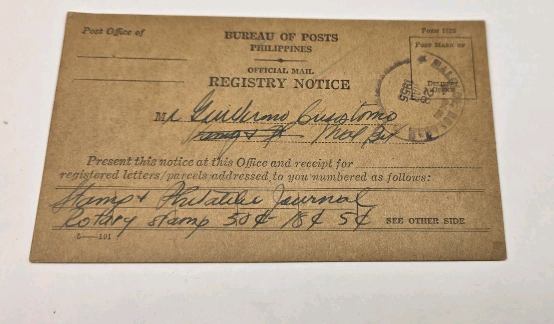 1955 Philippines Bureau Of Post Registry Notice Card.Vintage.