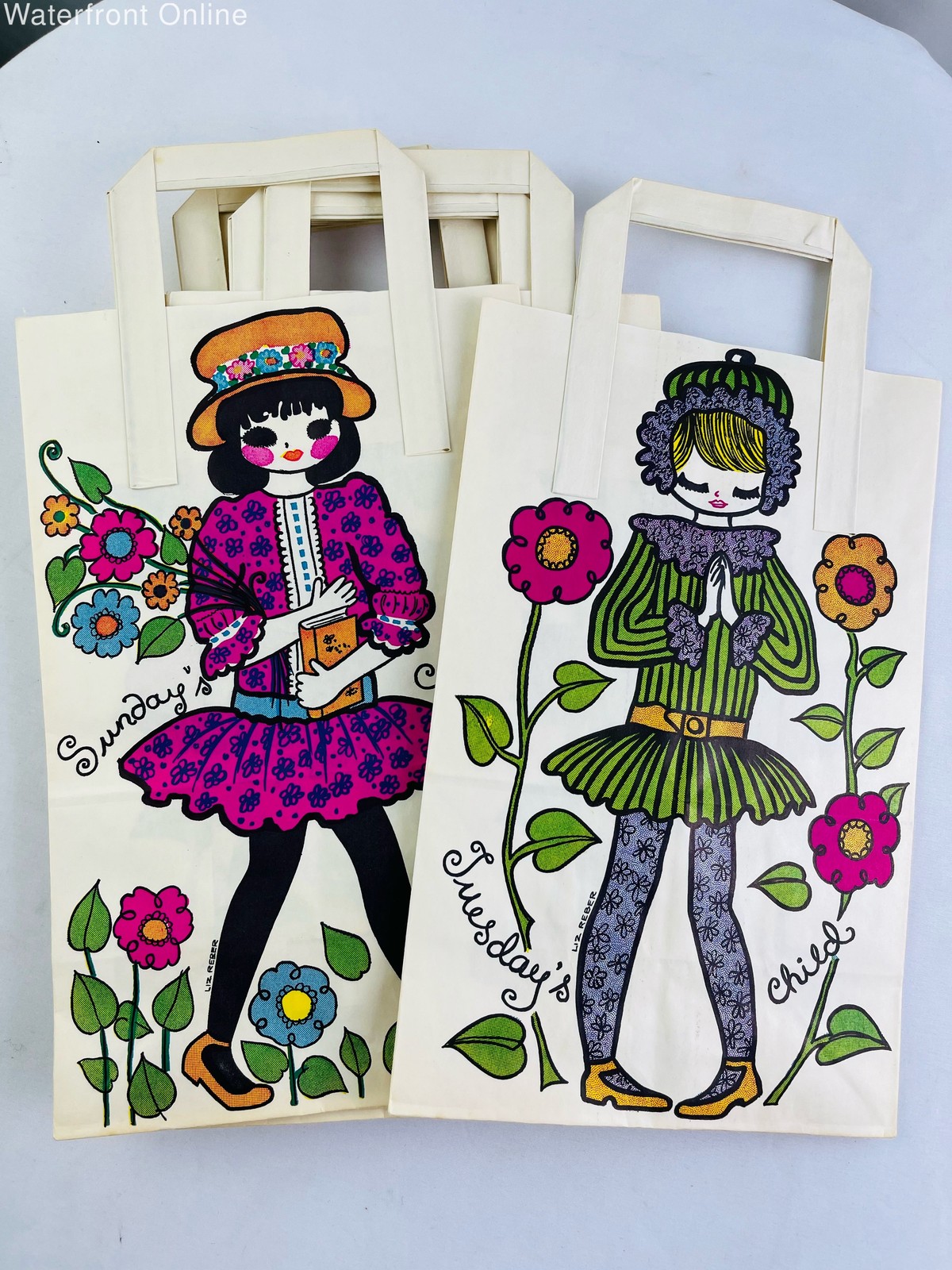 Vintage 1970s Monday’s Child by Liz Reber Artwork Gift Bags Whimsical Set of 13